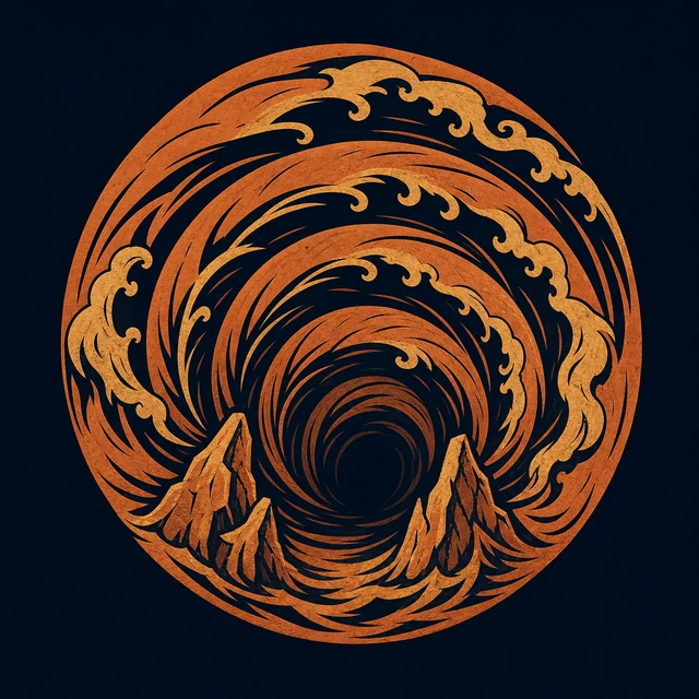 MythWeave original creature emblem of Charybdis as a terracotta-and-gold whirlpool with three spiral wave rings and jagged rock teeth