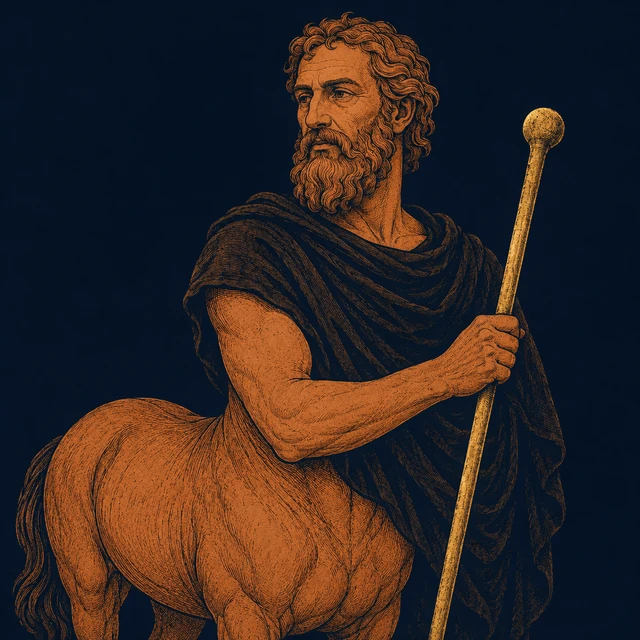 MythWeave original portrait of Chiron as a wise centaur tutor of heroes, with terracotta elder face, readable centaur horse-shoulder anatomy, dark teacher's cloak and restrained worn-gold teaching staff on deep navy.
