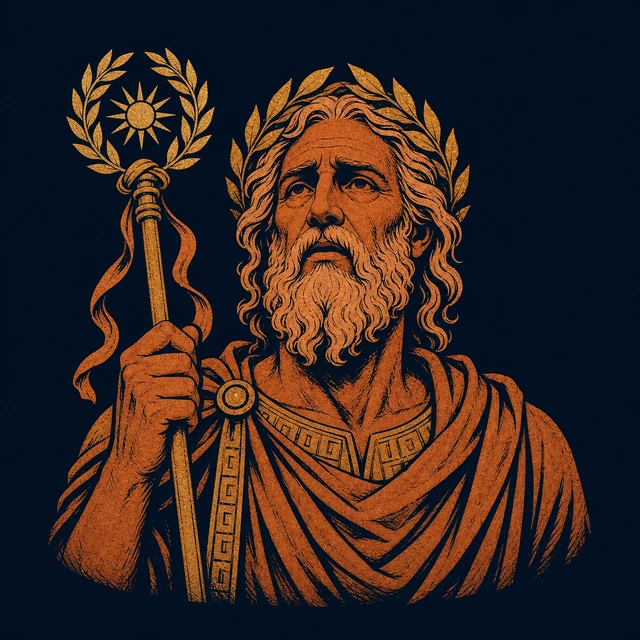 MythWeave original portrait of Chryses as an elderly terracotta-and-gold priest of Apollo with a laurel-topped staff