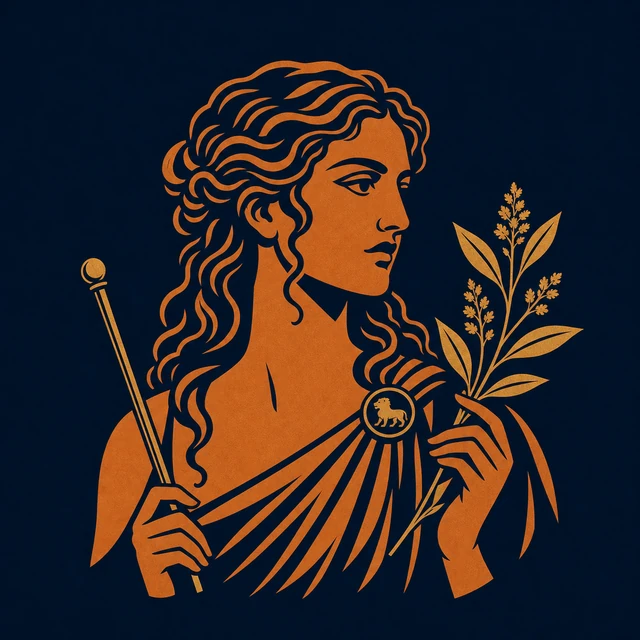 MythWeave original portrait of Circe as a terracotta-and-gold enchantress with a wand, herb sprig and lion brooch