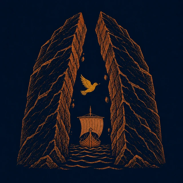 MythWeave original pottery-line event emblem of a golden dove leading a ship through two closing rocks