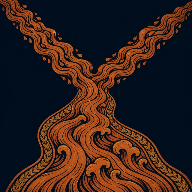 MythWeave original pottery-line illustration of Cocytus as a branching stream formed from wave-and-tear motifs