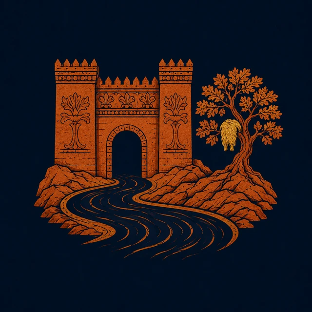 MythWeave original pottery-line place emblem of Colchis with river, palace gate and distant Fleece oak