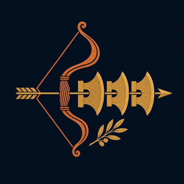 MythWeave original event emblem for the Contest of the Bow with a recurved bow and one arrow passing through three axe-head openings