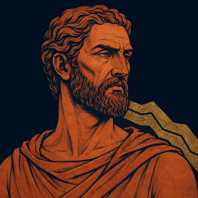 MythWeave original portrait of Crius as a terracotta first-generation Titan elder with a restrained worn-gold rugged ridge motif on deep navy