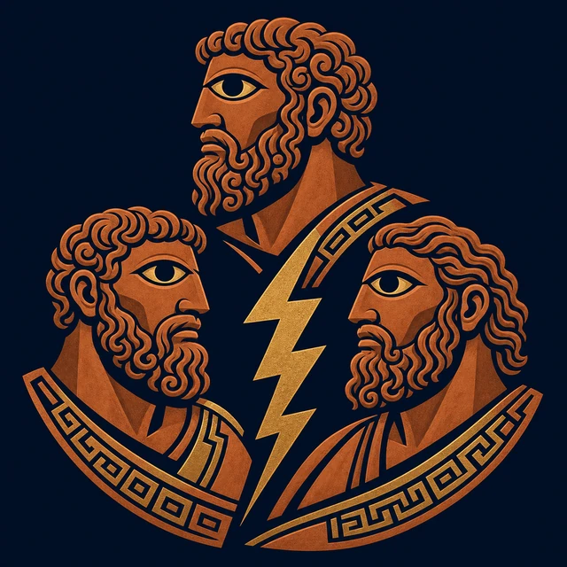 MythWeave original emblem of the Hesiodic Cyclopes as three terracotta single-eyed profiles around one gold thunderbolt
