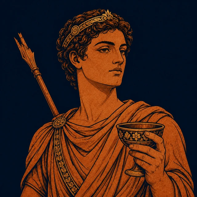 MythWeave original pottery-line illustration of King Cyzicus holding a guest cup before a broken spear