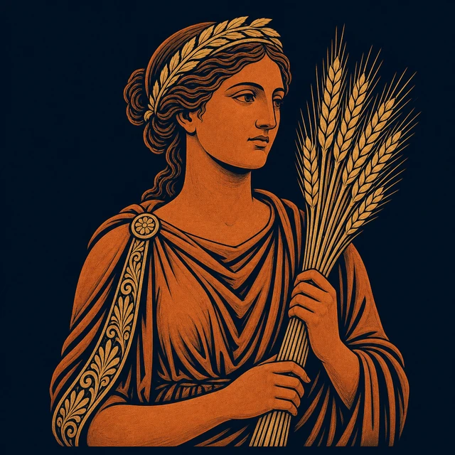 MythWeave original portrait of Demeter as a mature terracotta-and-gold grain goddess holding one sheaf of wheat