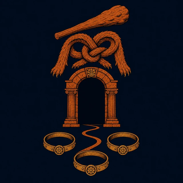 MythWeave original pottery-line event emblem of Heracles’ descent with lion-skin knot, club, three collar arcs and a returning path