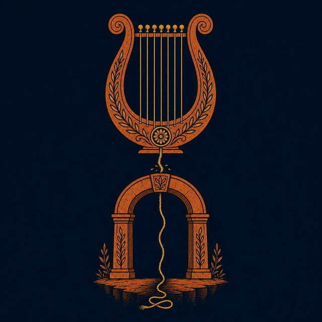MythWeave original pottery-line event emblem of Orpheus’ descent with a lyre and golden path-thread breaking at the threshold