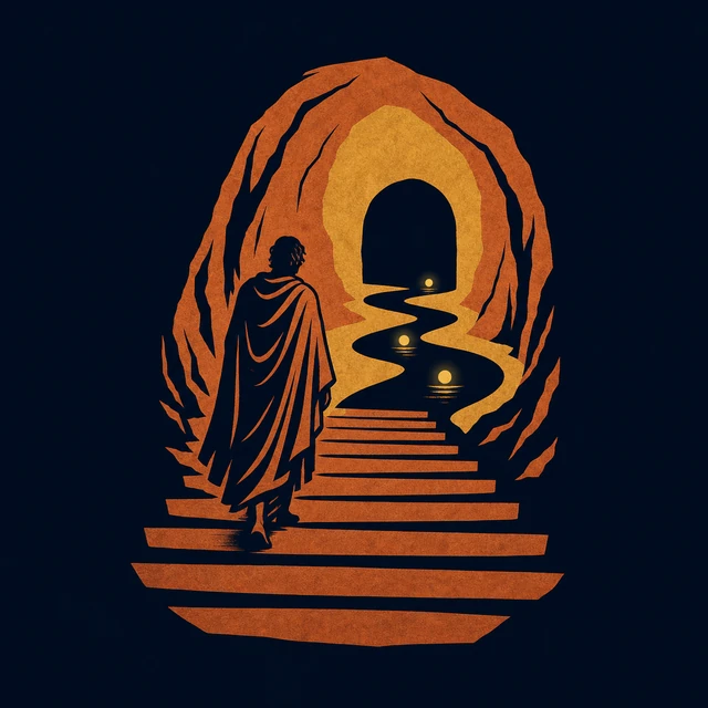 MythWeave original event emblem for the Descent to the Underworld with a cloaked traveller, seven steps, cavern gate and three soul lights