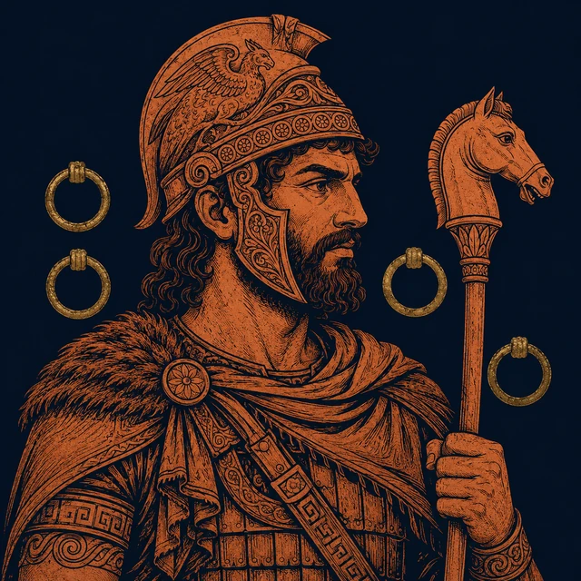 MythWeave original pottery-line illustration of the Thracian king Diomedes with a horse-headed sceptre