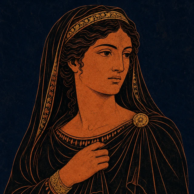 MythWeave original portrait of Dione as a mature Iliadic goddess with terracotta face, veil and restrained worn-gold consoling gesture on deep navy