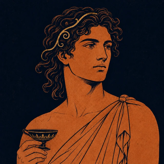MythWeave original portrait of Dionysus as a young immortal god with terracotta features, a restrained worn-gold vine curl and small wine cup on deep navy