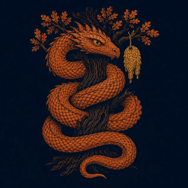 MythWeave original pottery-line illustration of the sleepless Colchian Dragon coiled around the Fleece oak
