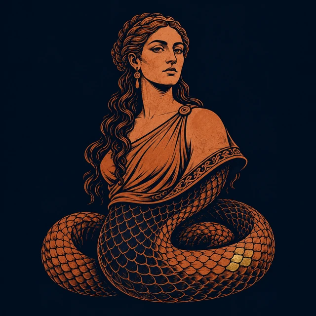 MythWeave original portrait of Echidna as a half-woman half-serpent monster mother with terracotta human face and serpent form on deep navy