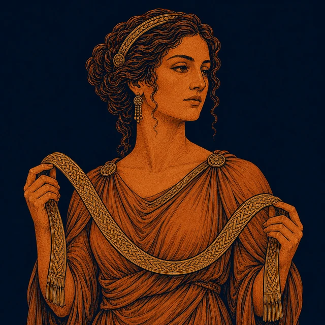 MythWeave original portrait of Eileithyia holding a broad loop of one woven birth-band with both hands, without infant or medical imagery