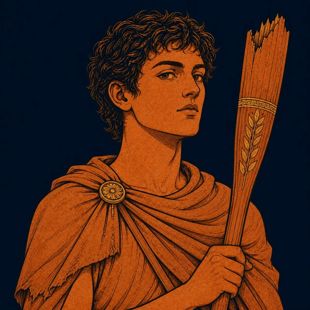 MythWeave original pottery-line illustration of the young sailor shade Elpenor holding a broken-ended oar
