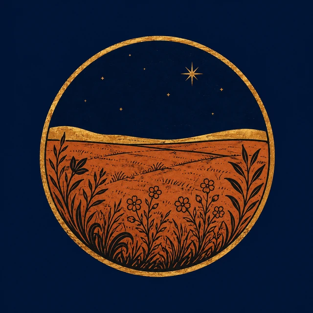 MythWeave original place image of Elysium as the blessed far field from Odyssey Book 4, with a calm terracotta meadow, restrained worn-gold horizon and windless boundary on deep navy.