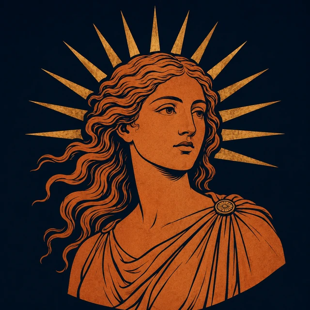 MythWeave original portrait of Eos as a terracotta dawn goddess with a restrained worn-gold morning-light motif on deep navy