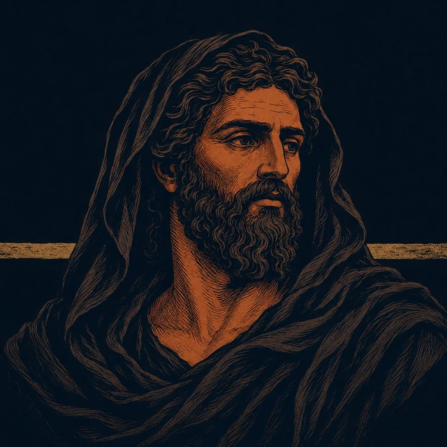 MythWeave original portrait of Erebus as a solemn mature primordial figure whose face emerges from a cavern-like mantle of darkness