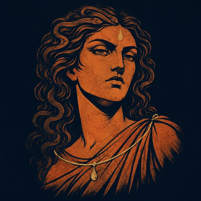 MythWeave original portrait of the Erinyes as a severe terracotta avenging-goddess bust emerging from shadow with a restrained oath or blood motif