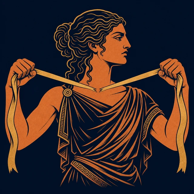 MythWeave original portrait of Eris as a sharp-profiled terracotta-and-gold strife goddess splitting one ribbon into opposing strands