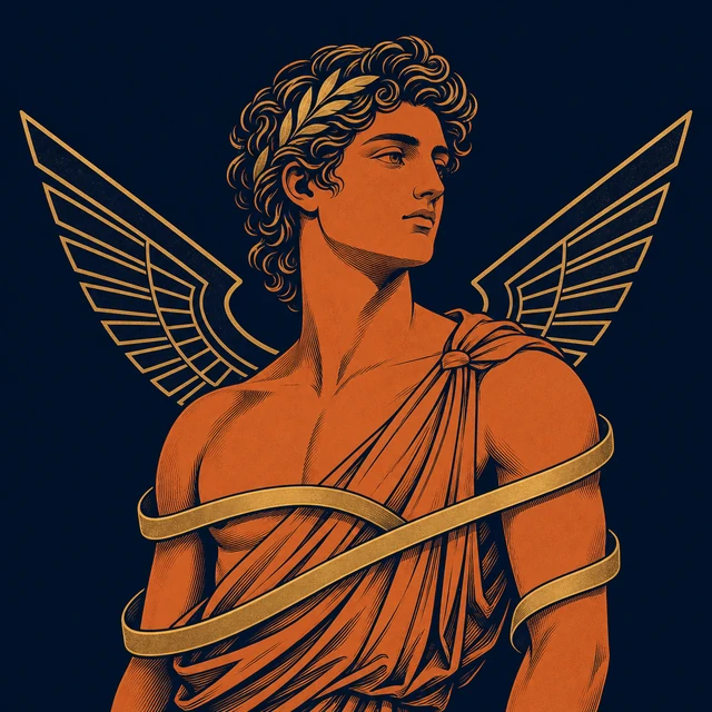 MythWeave original portrait of primordial Eros as a youthful terracotta-and-gold deity with geometric wings and a binding ribbon