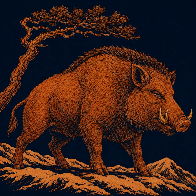 MythWeave 原創陶繪線稿風插圖:立於雪嶺與山松之間的厄律曼托斯野豬