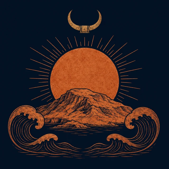 MythWeave original pottery-line place emblem of the western island Erytheia beneath a setting sun