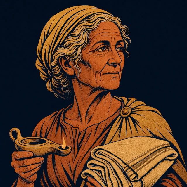 MythWeave original portrait of Eurycleia as an elderly terracotta-and-gold household keeper with an oil lamp and folded linen