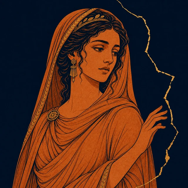 MythWeave original pottery-line illustration of veiled Eurydice reaching toward a broken golden path-line