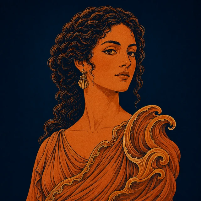 MythWeave original portrait of Eurynome as a dignified Oceanid with a wave-edged mantle