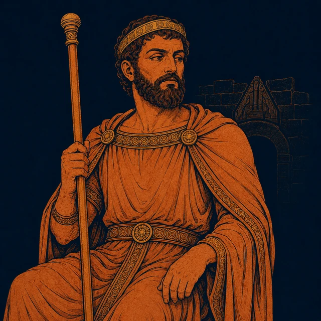 MythWeave original pottery-line illustration of the tense Mycenaean king Eurystheus holding a long staff