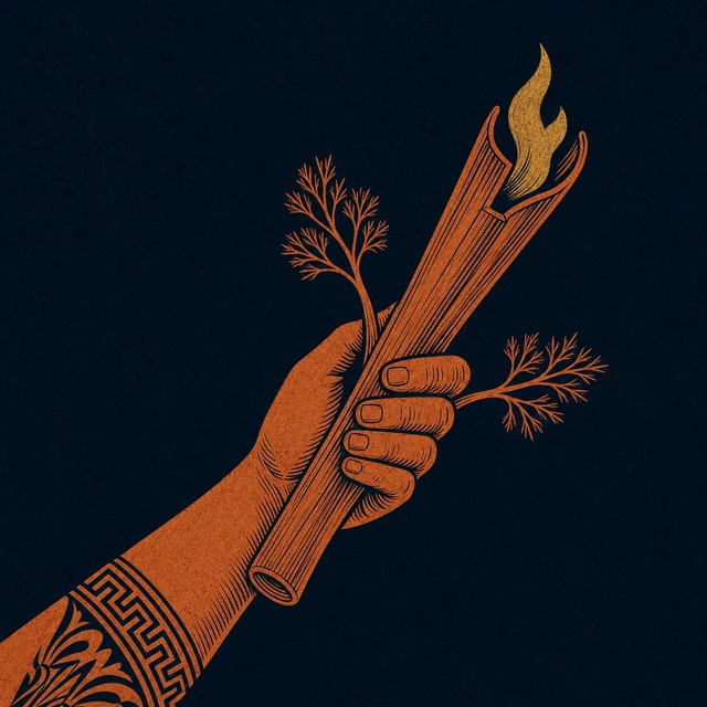 MythWeave original Theft of Fire image with one hand lifting a hollow fennel stalk whose split tip contains a small flame