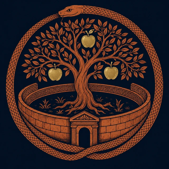 MythWeave original pottery-line place emblem of the Hesperides’ garden with three golden apples and a coiled guardian serpent
