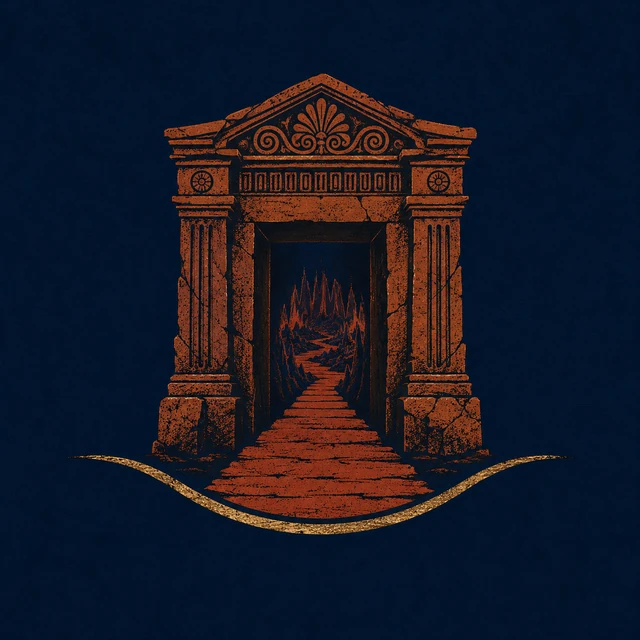 MythWeave original place image of the Gates of Hades as an underworld threshold, with a dark stone doorway, descending terracotta path and restrained worn-gold river-boundary curve on deep navy.