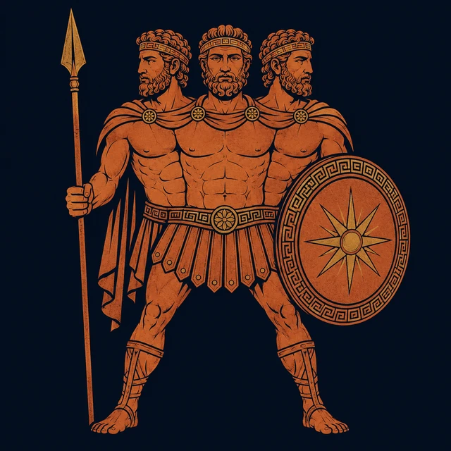 MythWeave original pottery-line illustration of three-bodied Geryon holding one spear and one shield