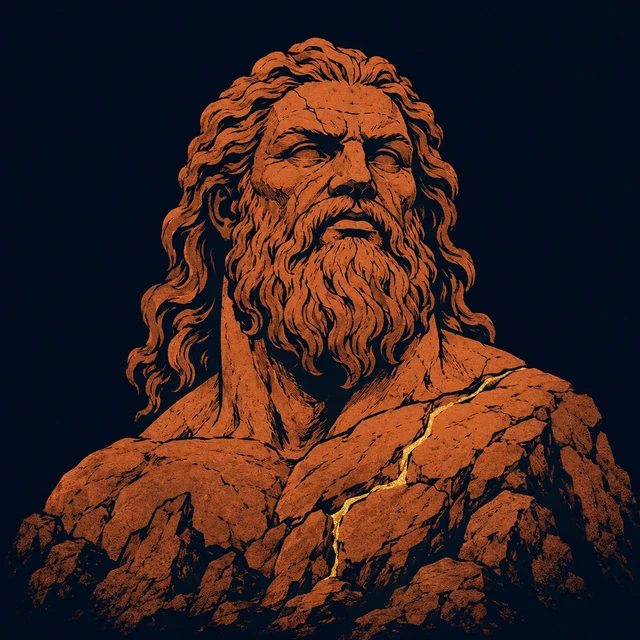 MythWeave original portrait of the Gigantes as one representative earth-born terracotta Giant rising from the ground with a restrained worn-gold fissure on deep navy