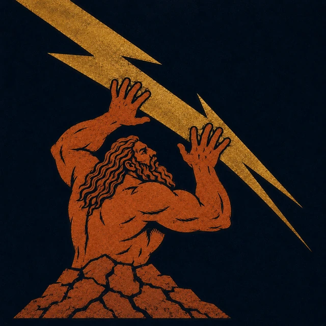 MythWeave original event image for the Gigantomachy as a simplified terracotta Giant silhouette opposed by a worn-gold lightning diagonal
