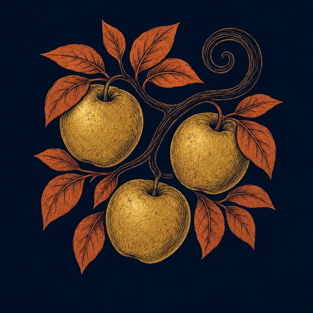 MythWeave original pottery-line object emblem of exactly three Hesperidean golden apples on one curling branch
