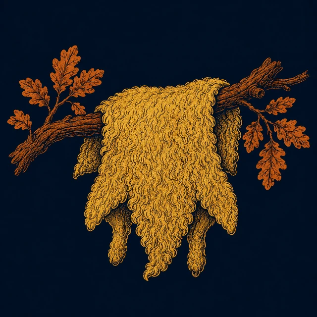 MythWeave original pottery-line sacred-object emblem of the Golden Fleece hanging from an oak branch