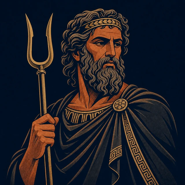 MythWeave original portrait of Hades as a solemn mature terracotta-and-gold underworld king holding one bident without demonic imagery
