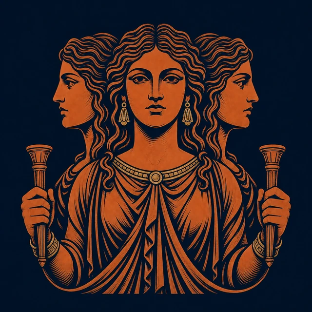 MythWeave original portrait of Hecate as a dignified terracotta-and-gold goddess facing three directions with two torches