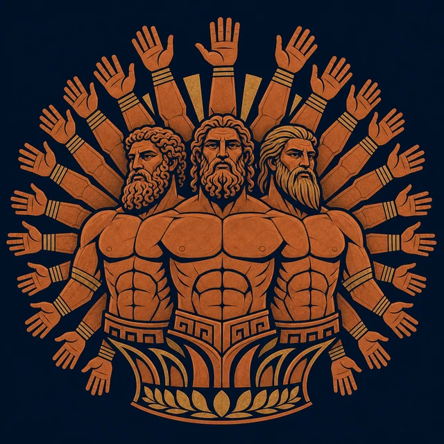 MythWeave original emblem of the Hecatoncheires as three massive terracotta guardian silhouettes with a rhythmic fan of many arms
