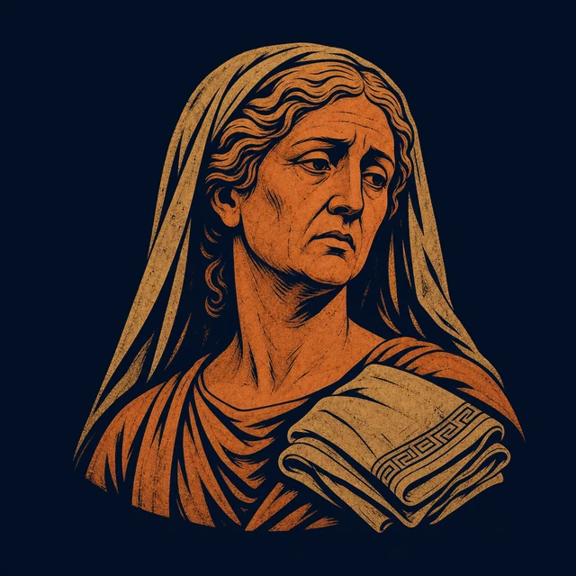 MythWeave original portrait of Hecuba as Troy's elderly terracotta-and-gold queen with a folded veil