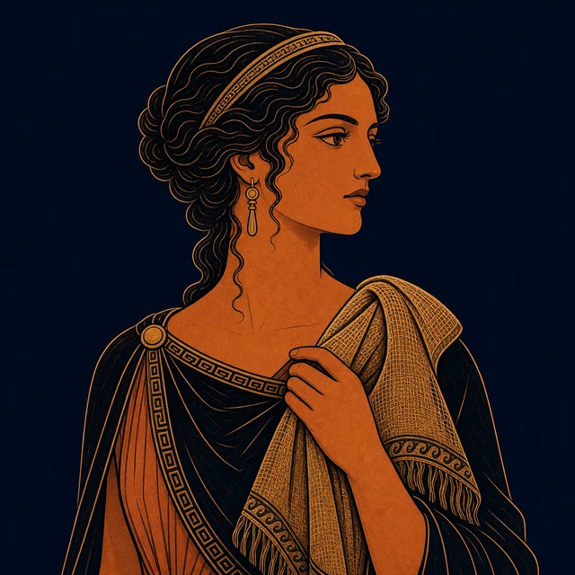 MythWeave original portrait of Helen as a dignified adult terracotta-and-gold mortal holding a folded woven veil