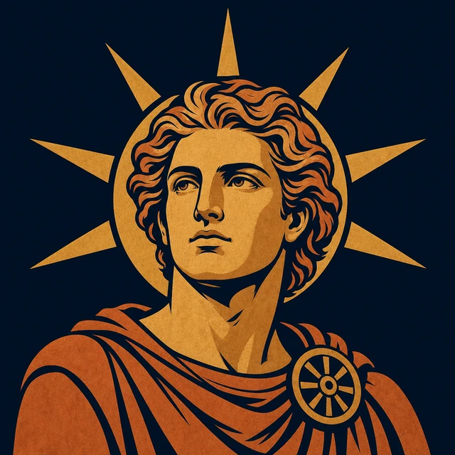 MythWeave original portrait of Helios as a terracotta-and-gold sun god with a seven-ray halo and chariot-wheel clasp