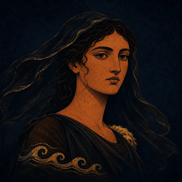 MythWeave original portrait of Helle as a young mortal from the Fleece prehistory, with terracotta face, wind-swept veil and restrained worn-gold wave and fleece-edge cue on deep navy.