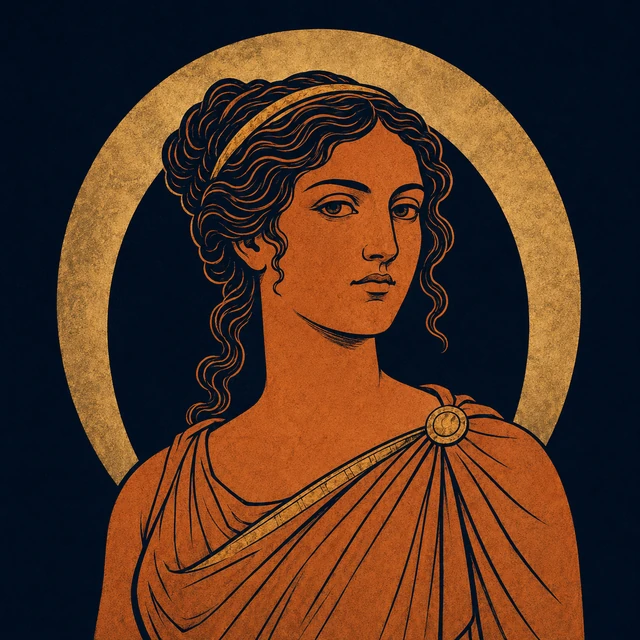 MythWeave original portrait of Hemera as a terracotta primordial Day goddess with a restrained worn-gold daylight arc on deep navy